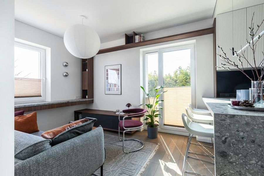 Modern apartment living room with natural light