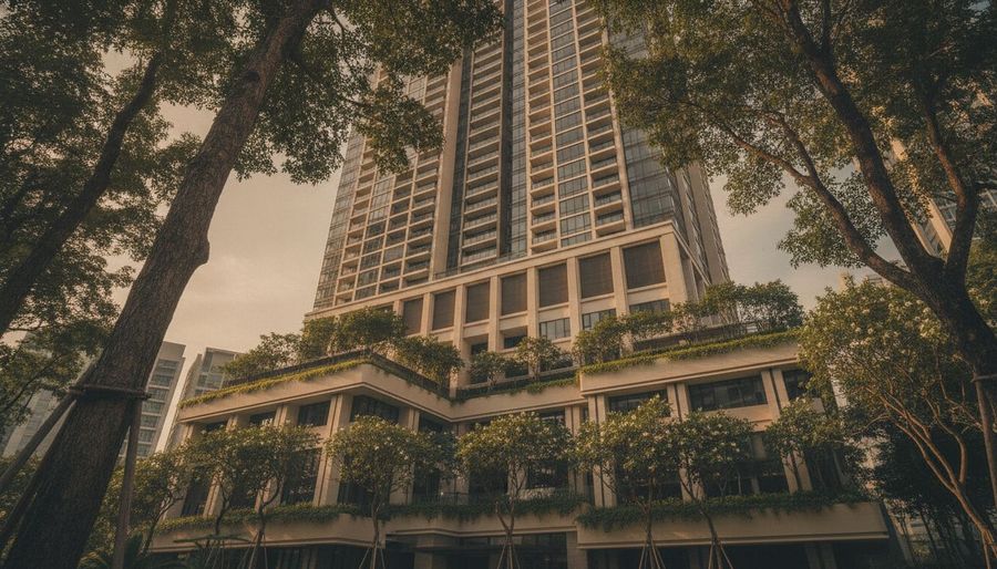 Modern condominium facade in District 10 surrounded by greenery