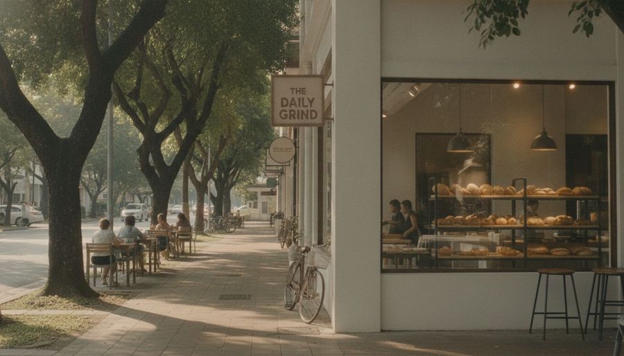 Neighbourhood cafe and bakery along a leafy Singapore estate corridor
