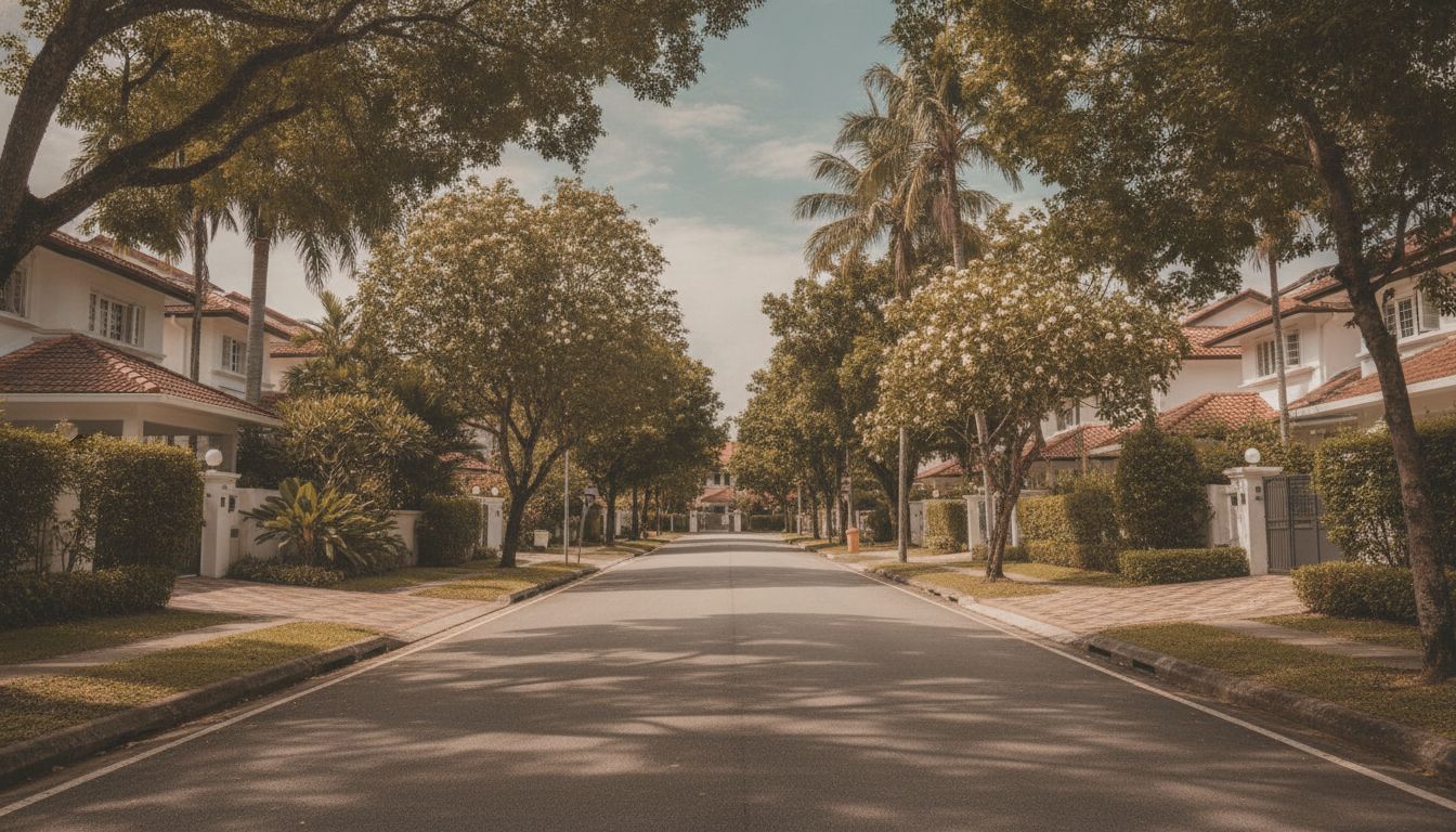 Tree-lined Hillcrest residential street with landed homes and mature greenery